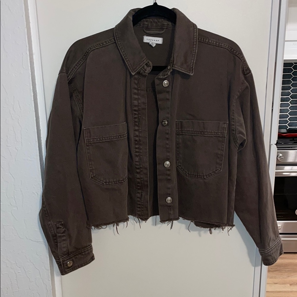 Topshop Brown Cropped Jean Jacket with Distressed Hem